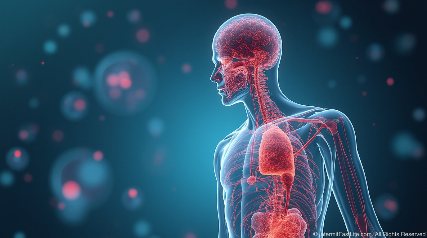 Illustration of the human body with internal organs and a focus on metabolic processes, set against a glowing, scientific background.