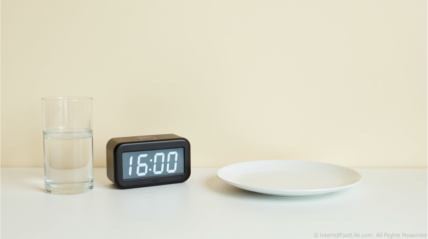 A minimalist setup showing a digital clock displaying 16:00, a glass of water, and an empty white plate on a clean, light-colored background, representing intermittent fasting.