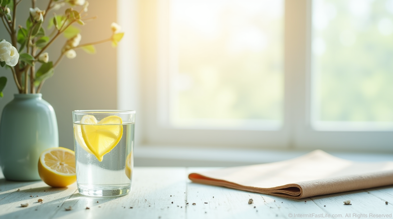 Glass of water with heart-shaped lemon slice on a wooden table by a window, symbolizing natural wellness and heart health.